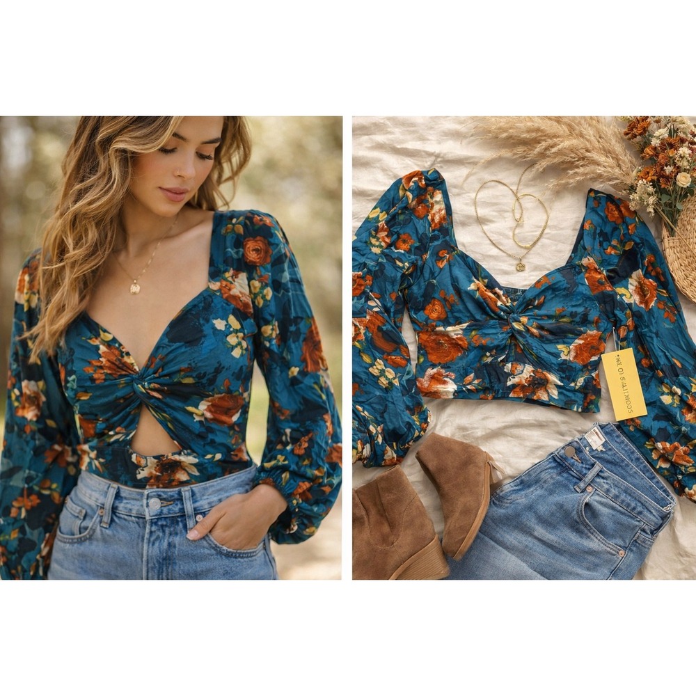 BOG Collective NWT Teal Floral Print Smocked‎ Crop Top Square Neck Long Sleeve L